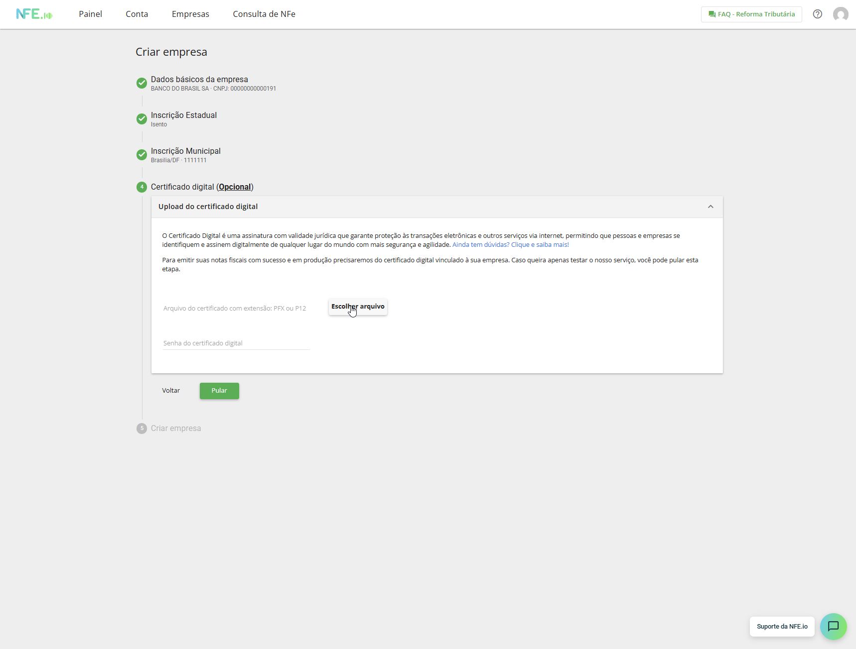 Etapa 4 — Upload do certificado digital