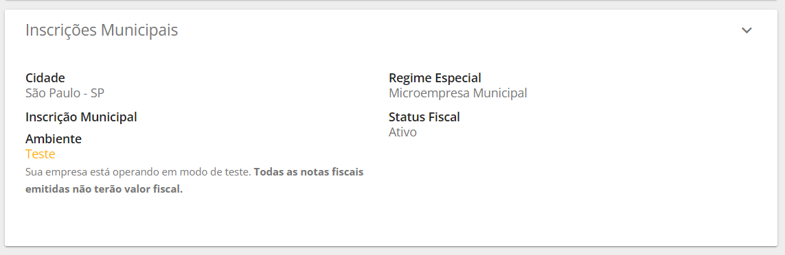Card de Inscrições Municipais no painel da empresa