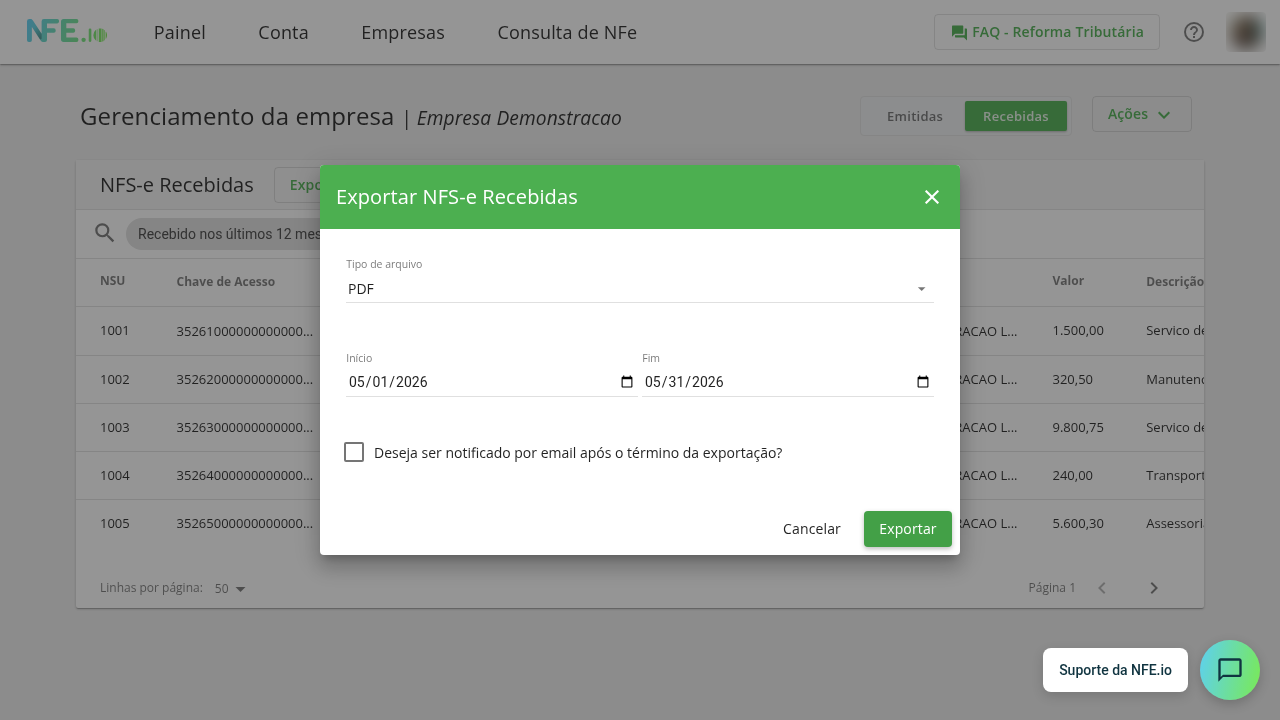 Modal de exportação em massa, com formato (PDF/XML/CSV), período e e-mail