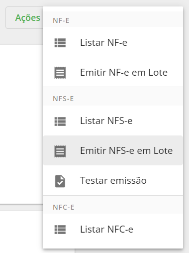 Menu de ações com atalho para emissão em lote