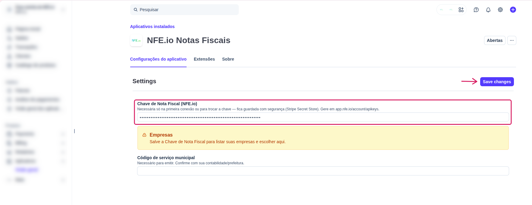 página de configurações do app dentro do Stripe com o campo para colar a Chave de Nota Fiscal