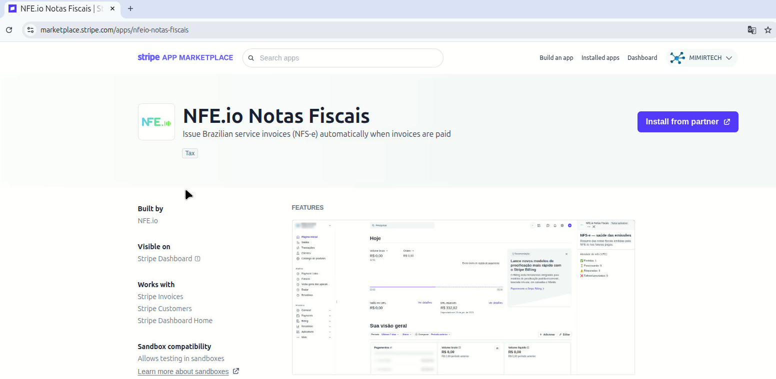listagem do app "NFE.io Notas Fiscais" na Stripe Marketplace com o botão Install em destaque
