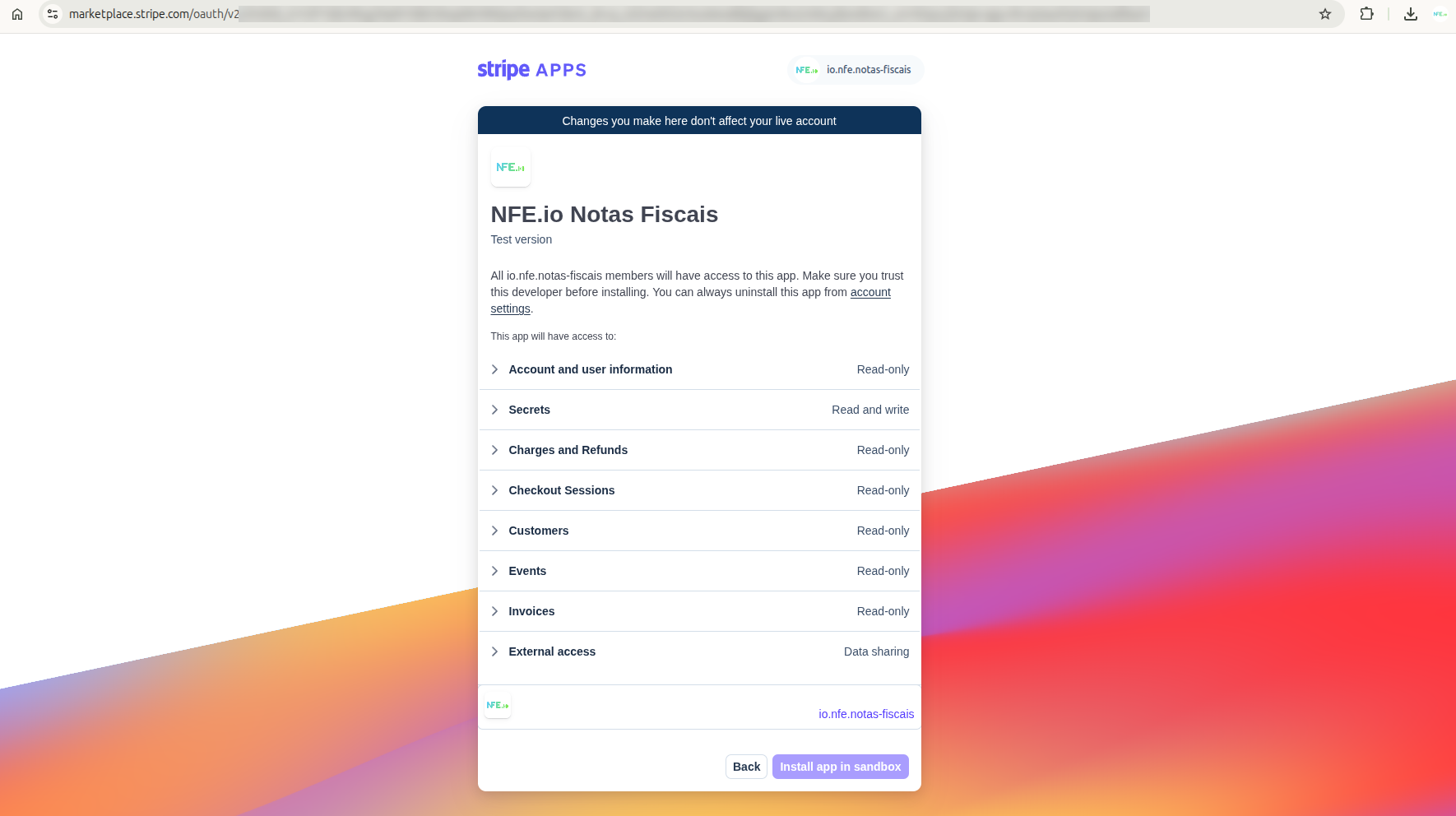 tela de consentimento OAuth do Stripe listando as permissões de leitura de faturas, clientes e eventos