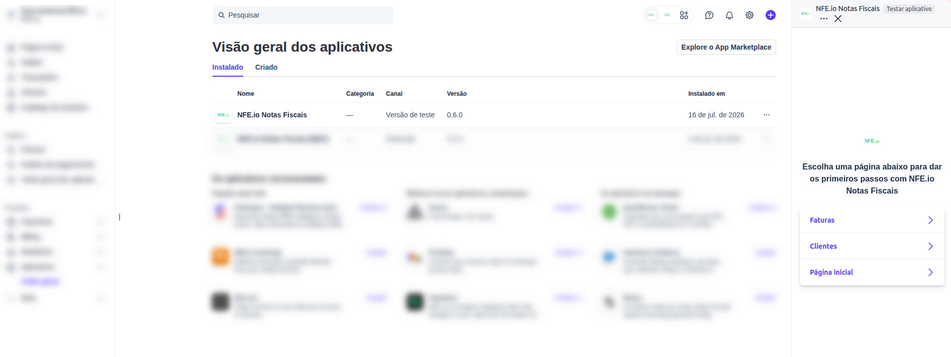 menu de apps do Stripe com o app NFE.io Notas Fiscais instalado e o widget na Home