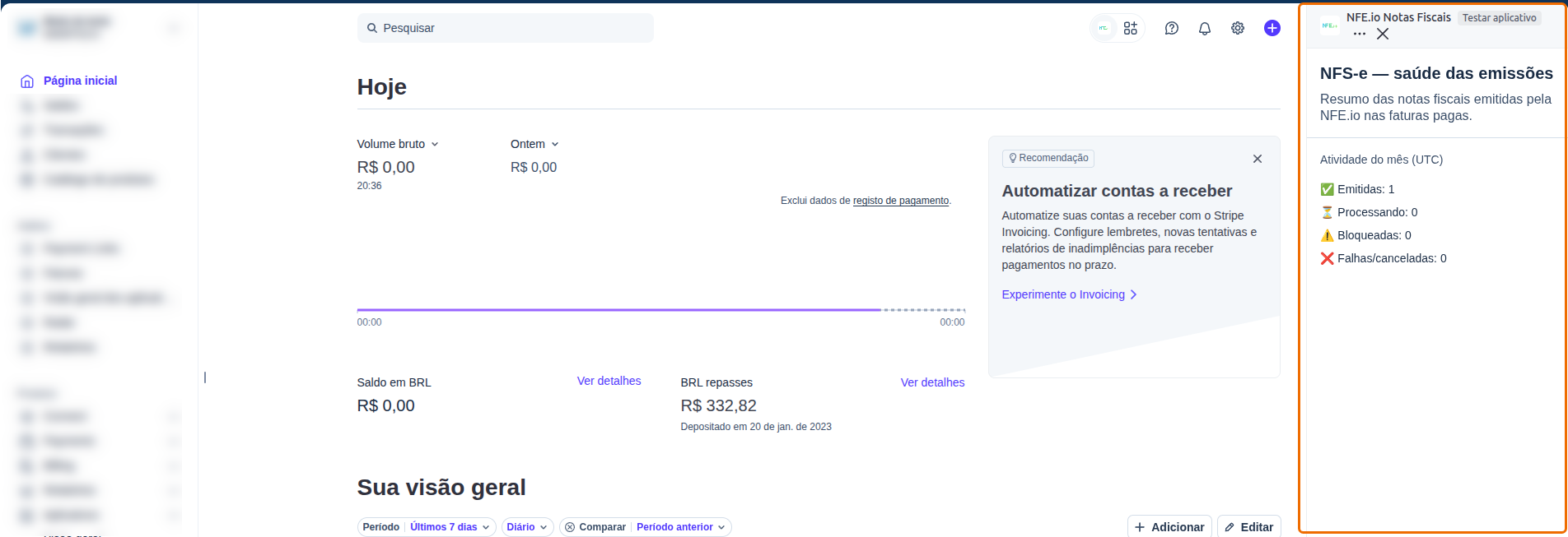 Widget da Página Principal do Dashboard Stripe mostra o resumo de emissão do mês